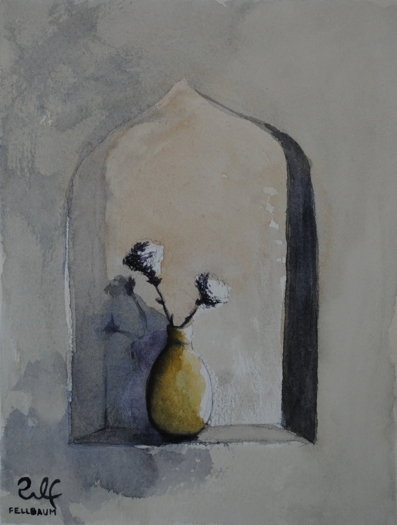 Watercolor painting of a yellow pear with a dark stem, placed on a surface next to a shadow or dark object, with the artist's signature 'elf' and 'Fellbaum' in the bottom left corner.