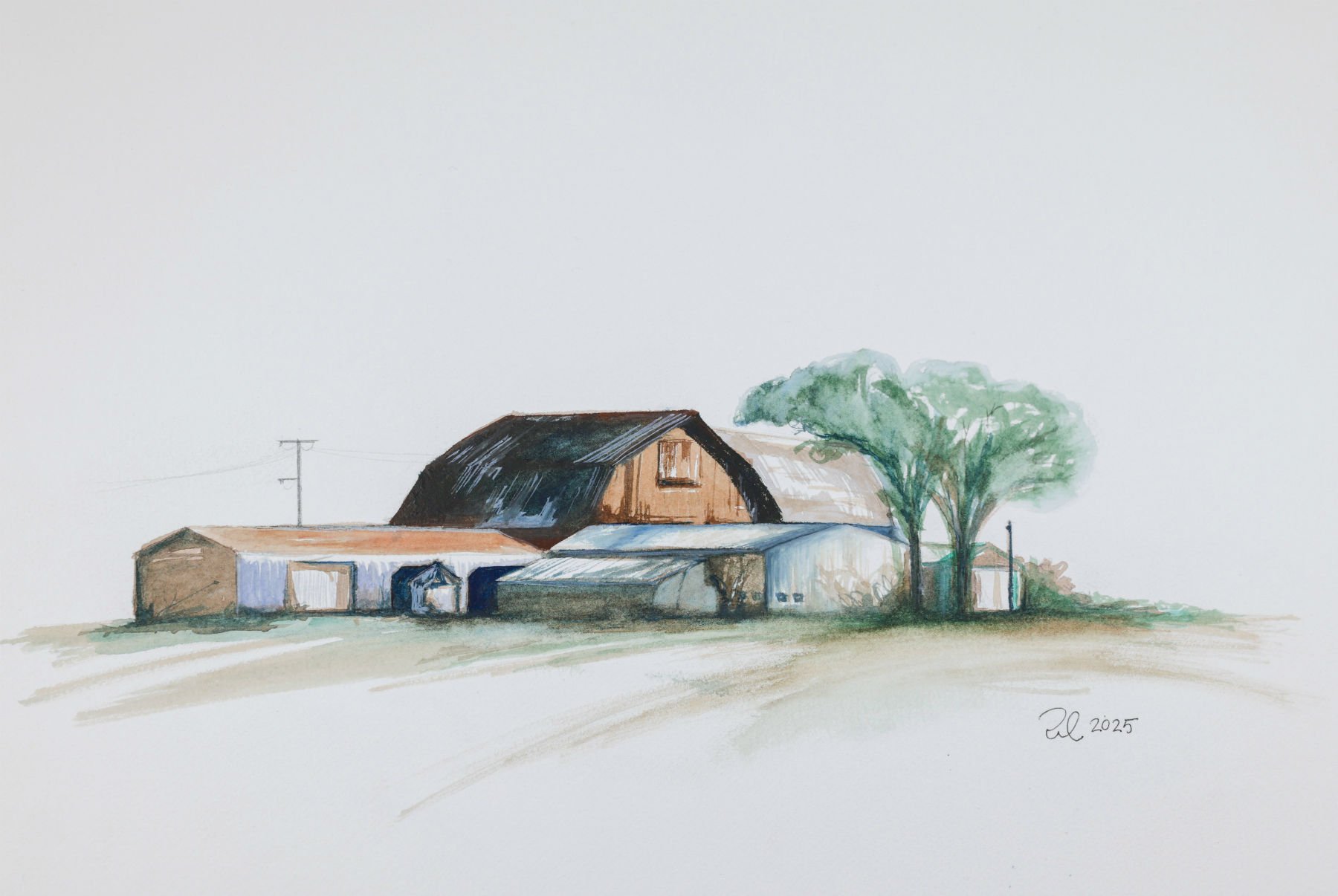 Watercolor painting of a rural farm scene with a large barn, smaller structures, a tree, and a grassy field.