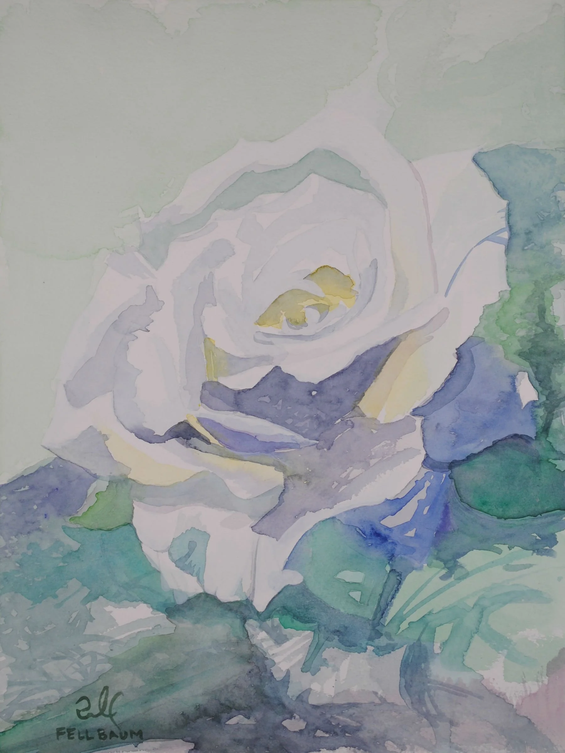 Watercolor painting of a rose with soft shades of blue, green, yellow, and purple.