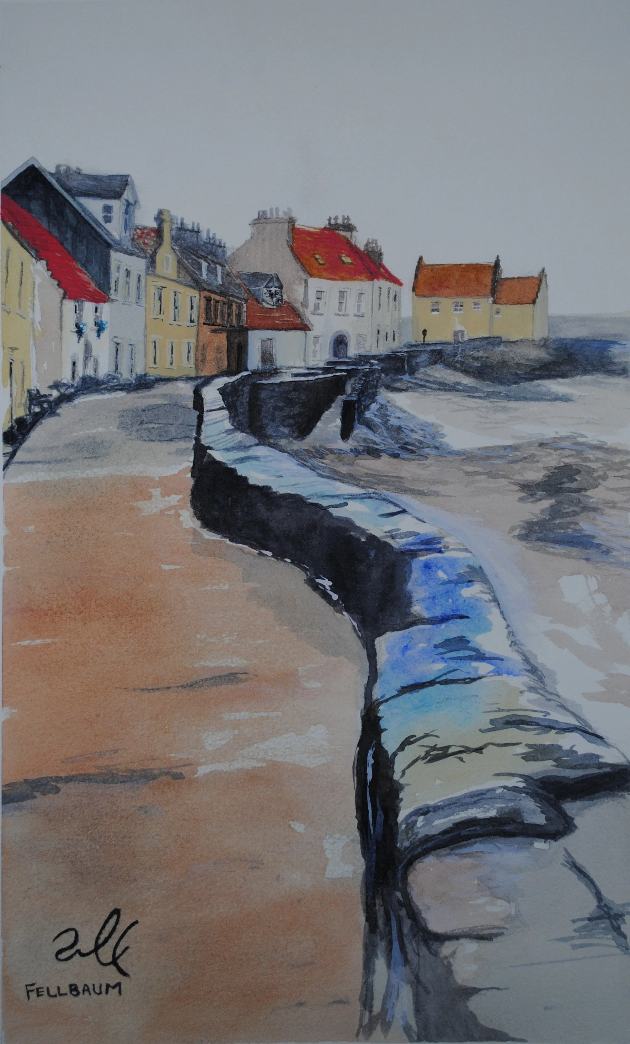 Watercolor painting of a coastal village with colorful houses, a stone wall, and the sea in the background, signed by Fellbaum.
