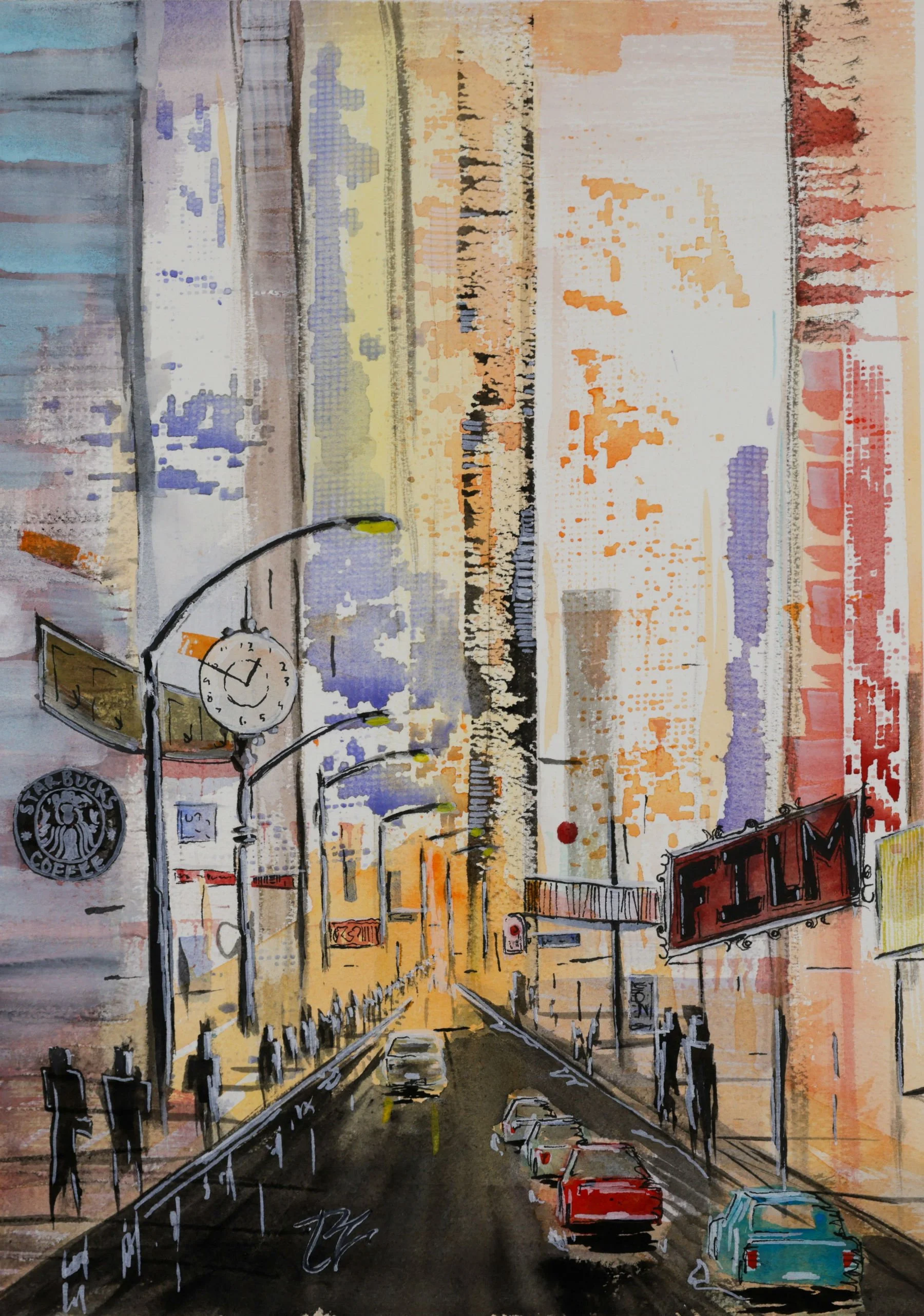 An urban street scene with cars, streetlights, and buildings at sunset, painted in watercolor style.