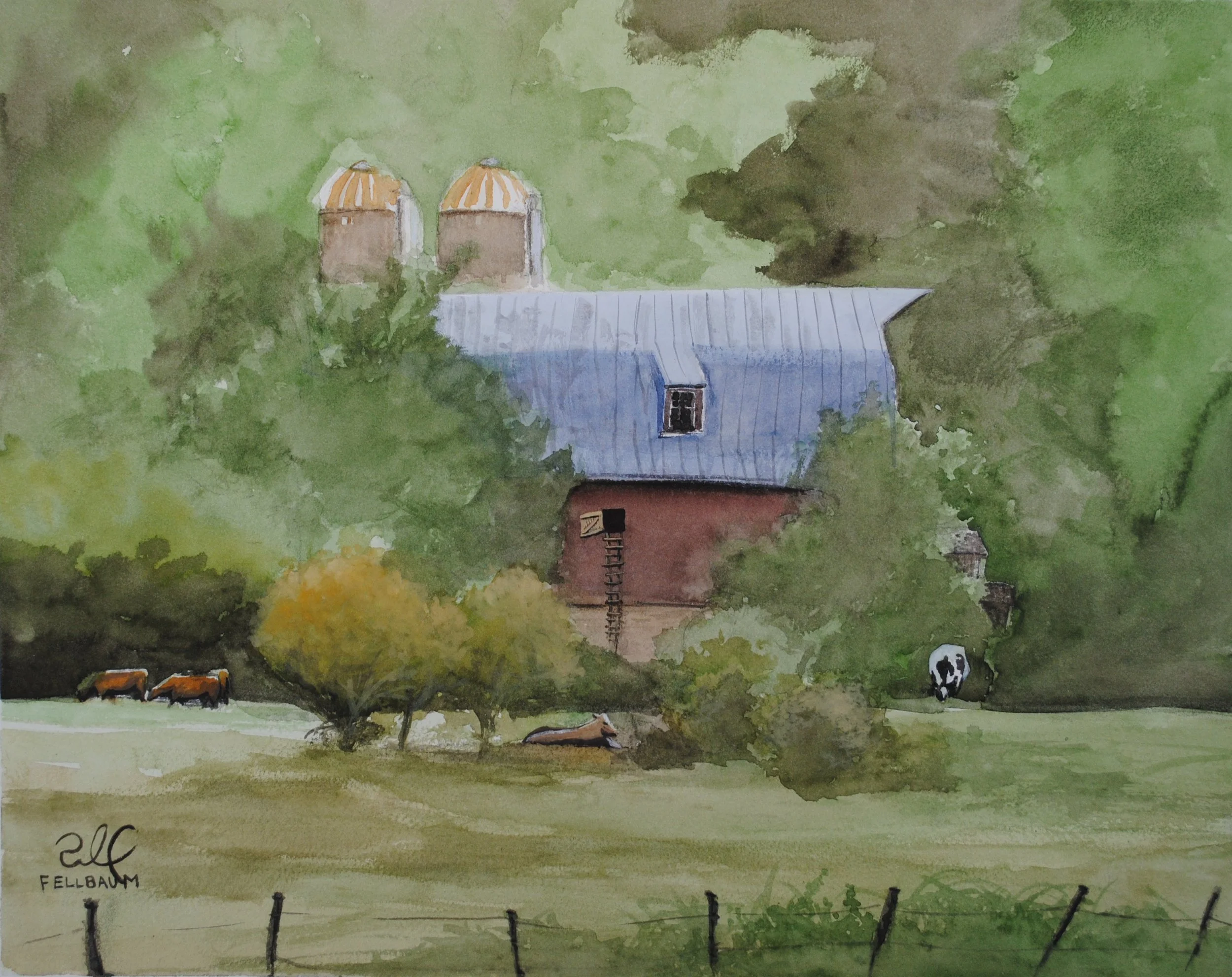 A watercolor painting of a rural landscape with a building with a metal roof, surrounded by trees and a fence, with a cow and two small houses in the background.