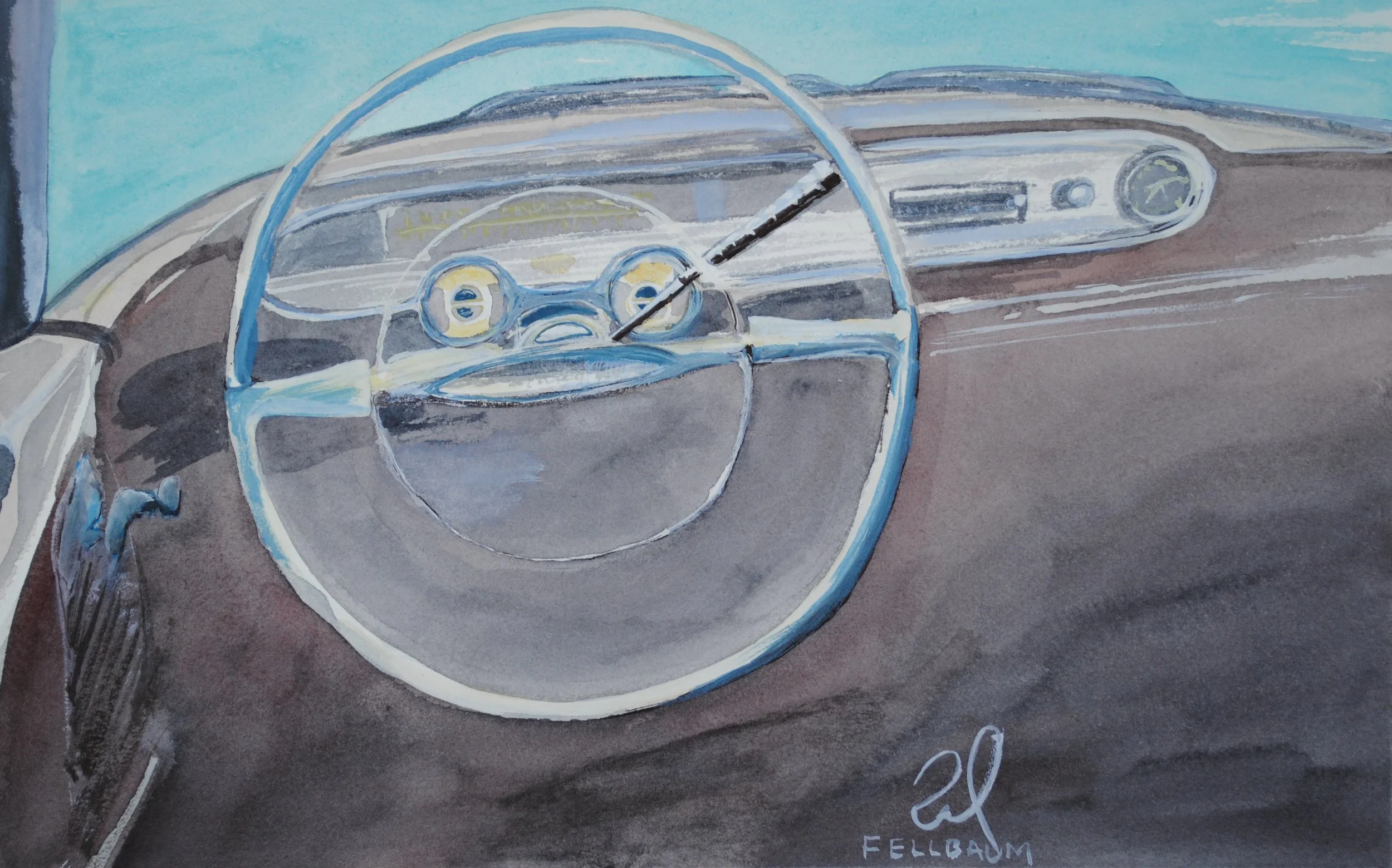 Watercolor painting of a vintage car dashboard from the driver's perspective, featuring a steering wheel, gauges, and controls.