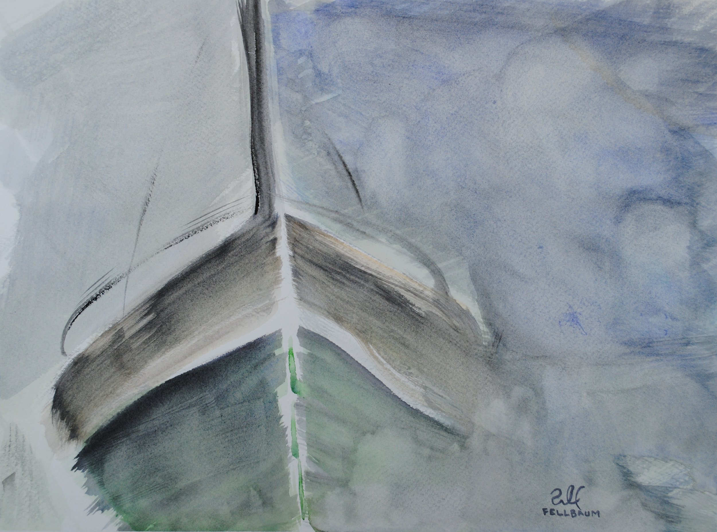 A watercolor painting of an open book with visible pages. The perspective looks at the corner of the book, with a focus on the inside of the pages. The colors are mainly shades of blue, gray, and black, with a slight hint of green on the edge of the 