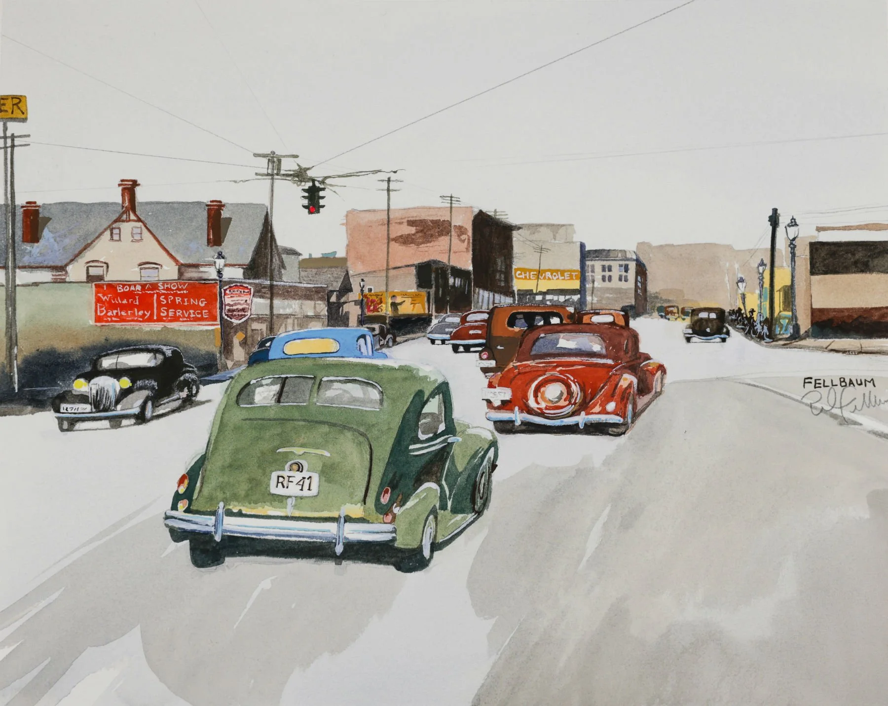 A watercolor painting of a vintage street scene with classic cars, storefronts, and traffic lights.