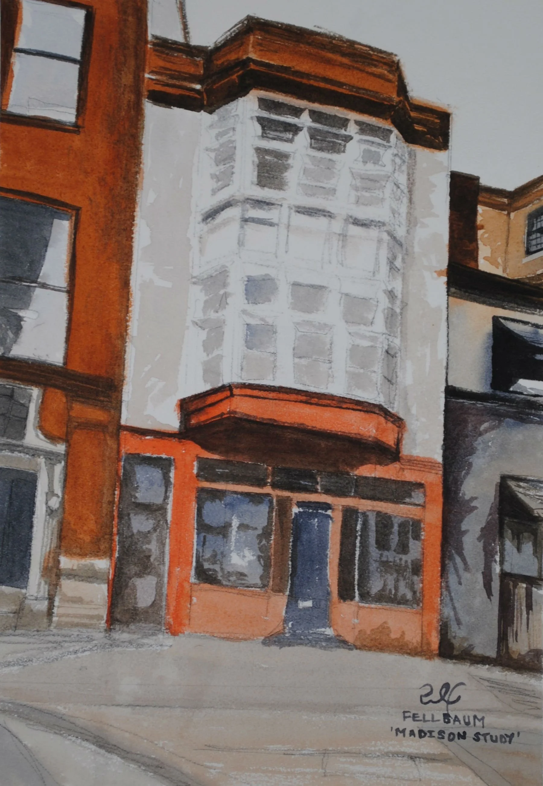 A watercolor painting of a building with a corner balcony, featuring warm tones of orange and brown, with windows and details in muted colors. The artist's signature and the title "Madison Study" are visible at the bottom.