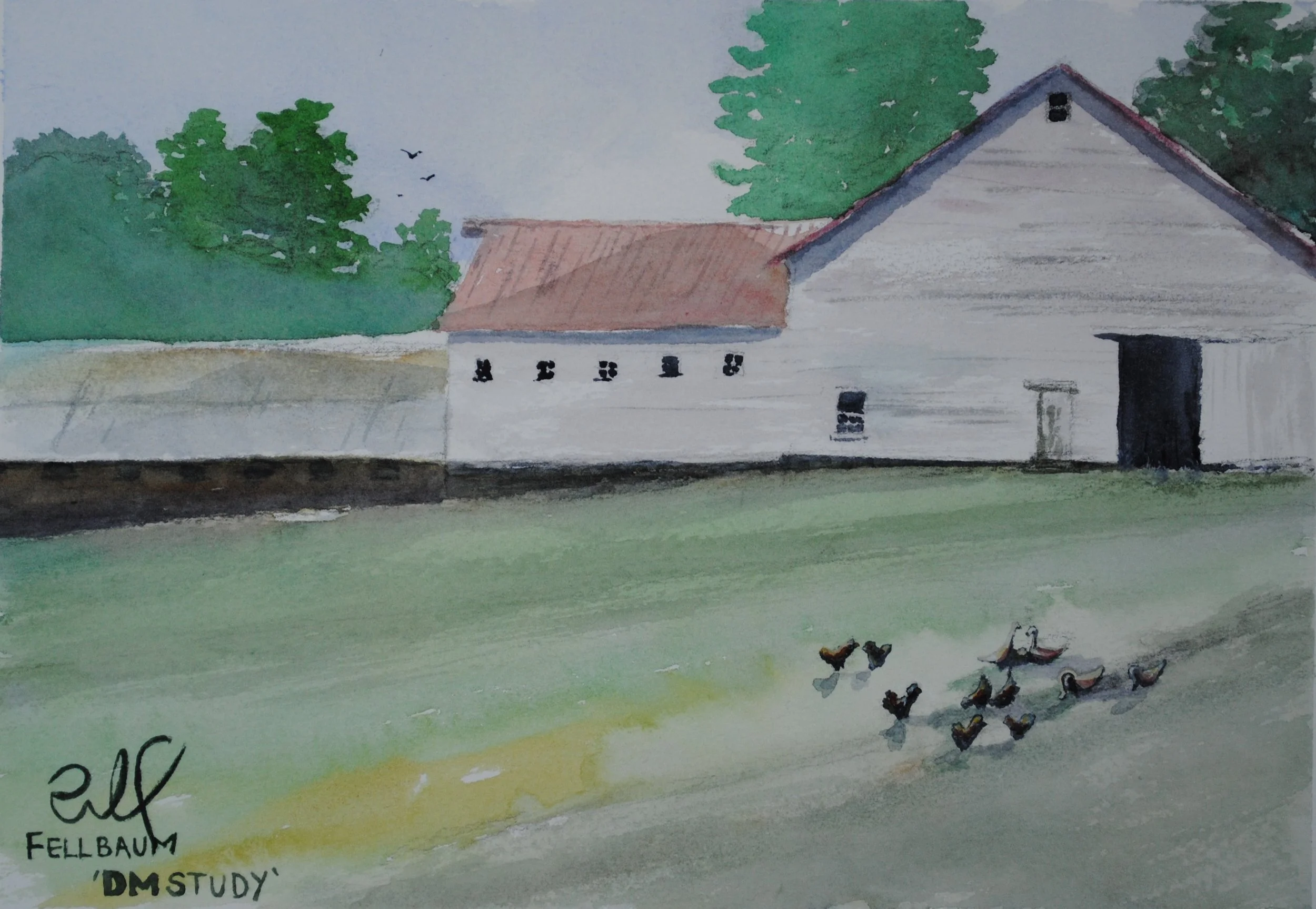 A watercolor painting of a rural scene featuring a white barn with a red roof, surrounded by green trees and a grassy field, with a group of ducks near the water in the foreground.