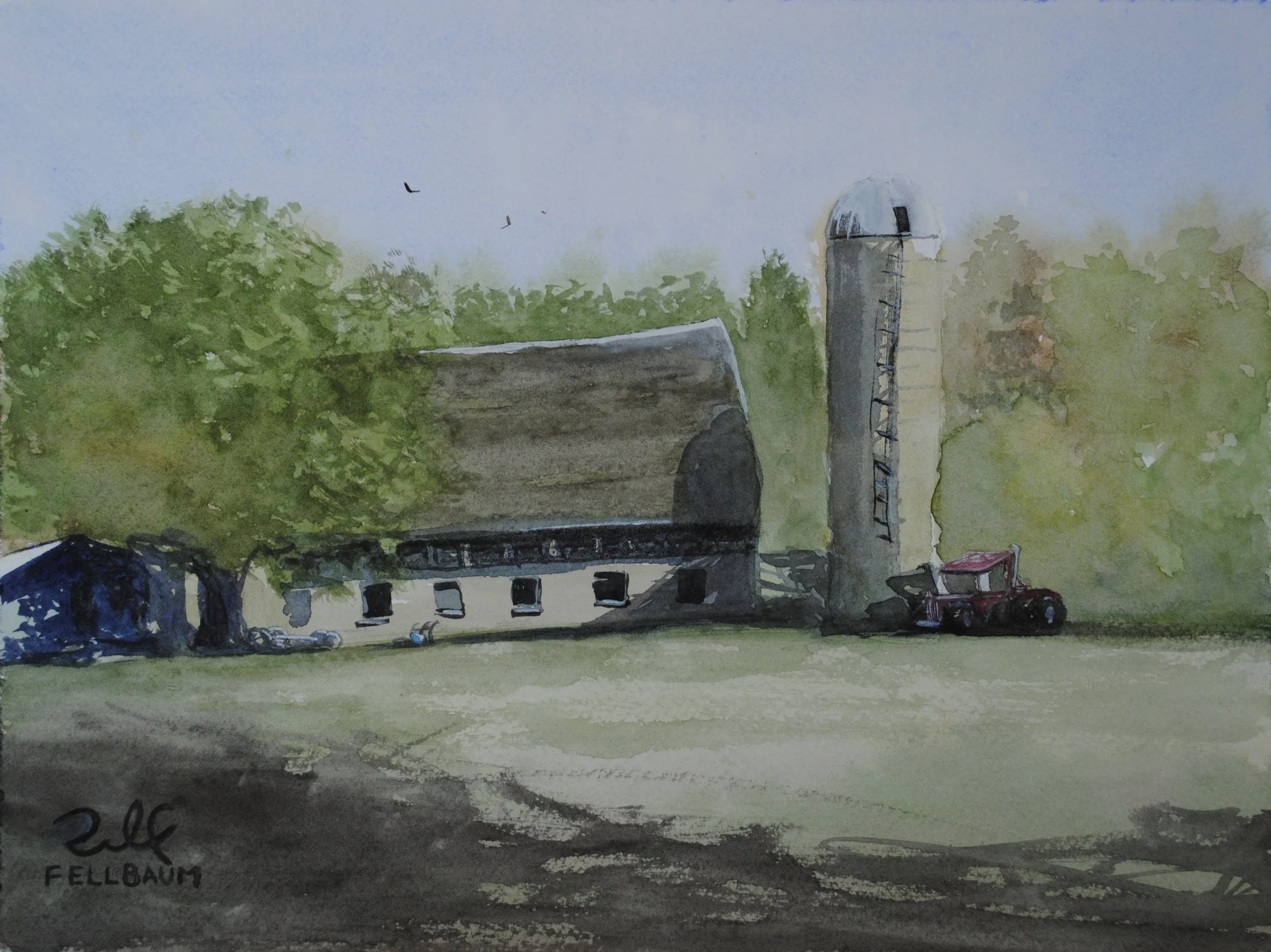 A watercolor painting of a rural scene with a barn, a silo, green trees, and a cloudy sky.