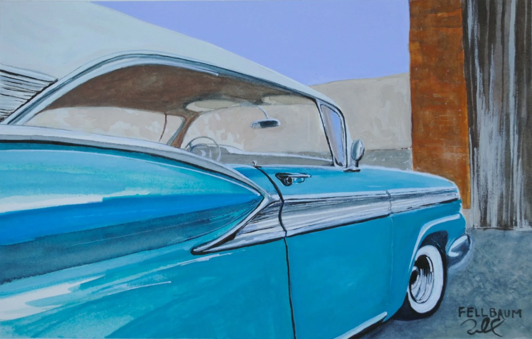 A painting of a vintage blue car parked near a brick wall and a wooden fence with a purple sky in the background.