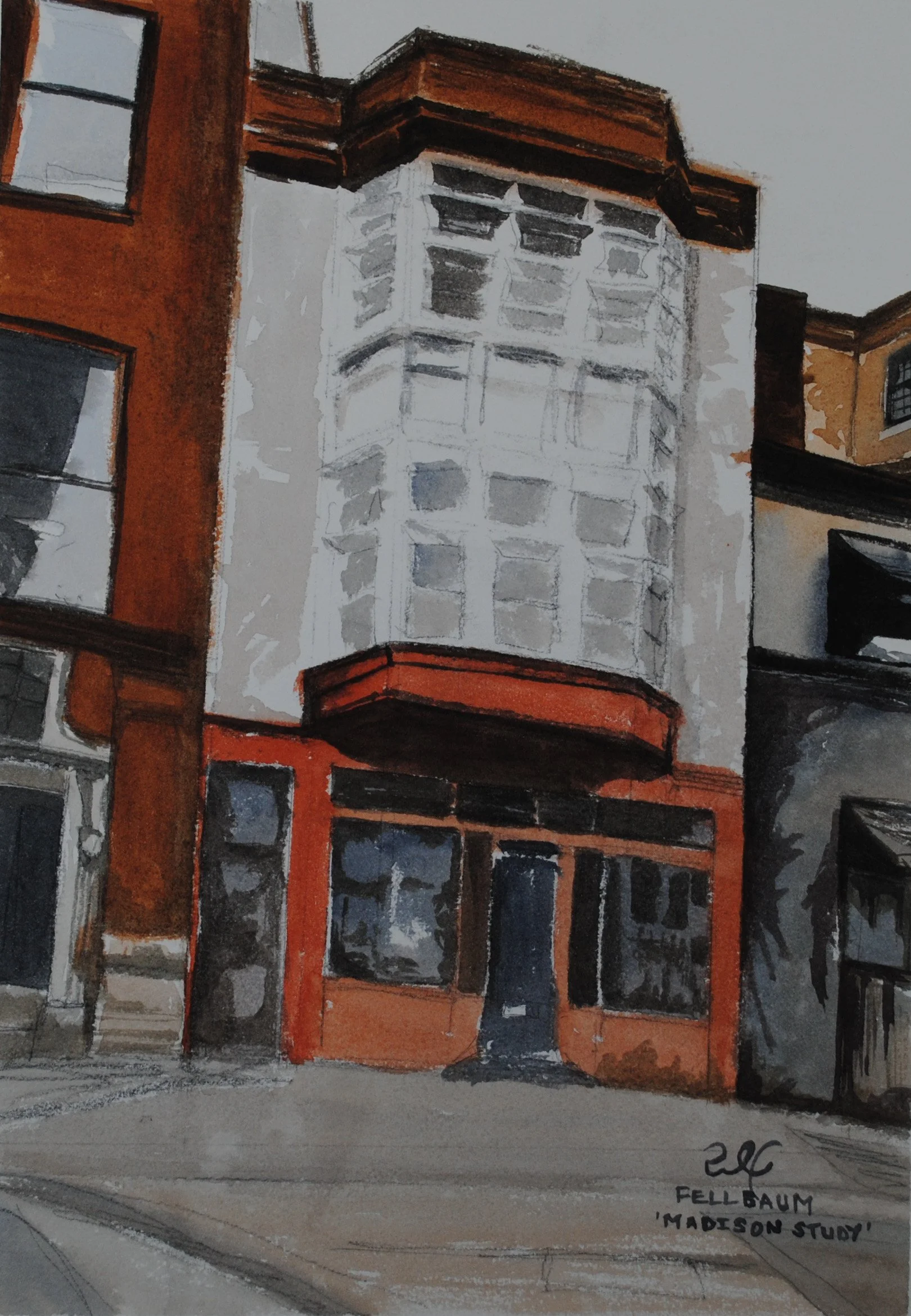 A watercolor painting of a building under construction with a white exposed framework. The adjacent walls have a warm, reddish-brown color. There are cars and a street in the foreground, and the artist's signature along with the text 'Fellbaum, Madis