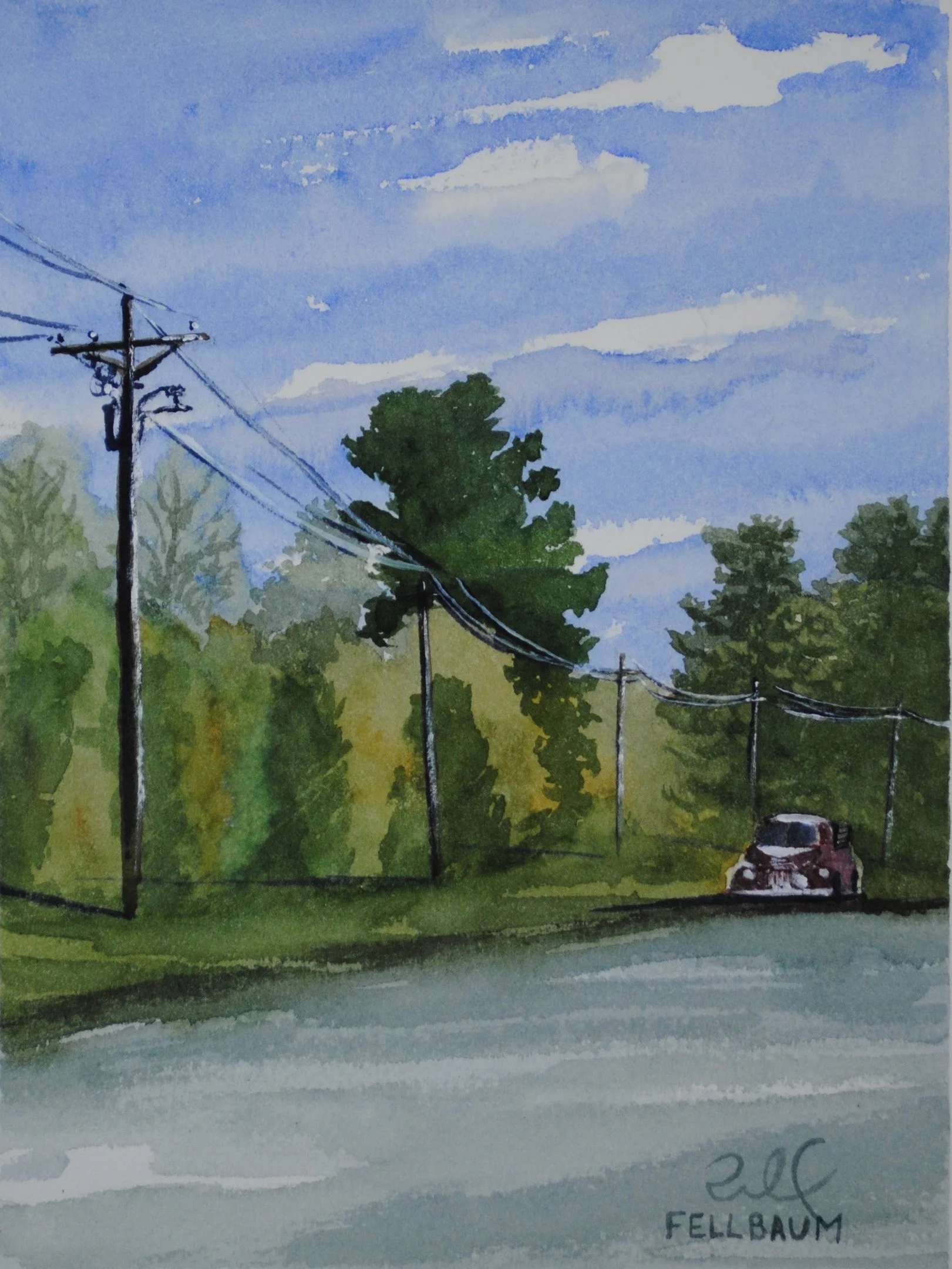 Watercolor painting of a rural scene with a blue sky, clouds, trees, power lines, and a small car on a road. Signed 'E. Fellbaum' in the bottom right corner.