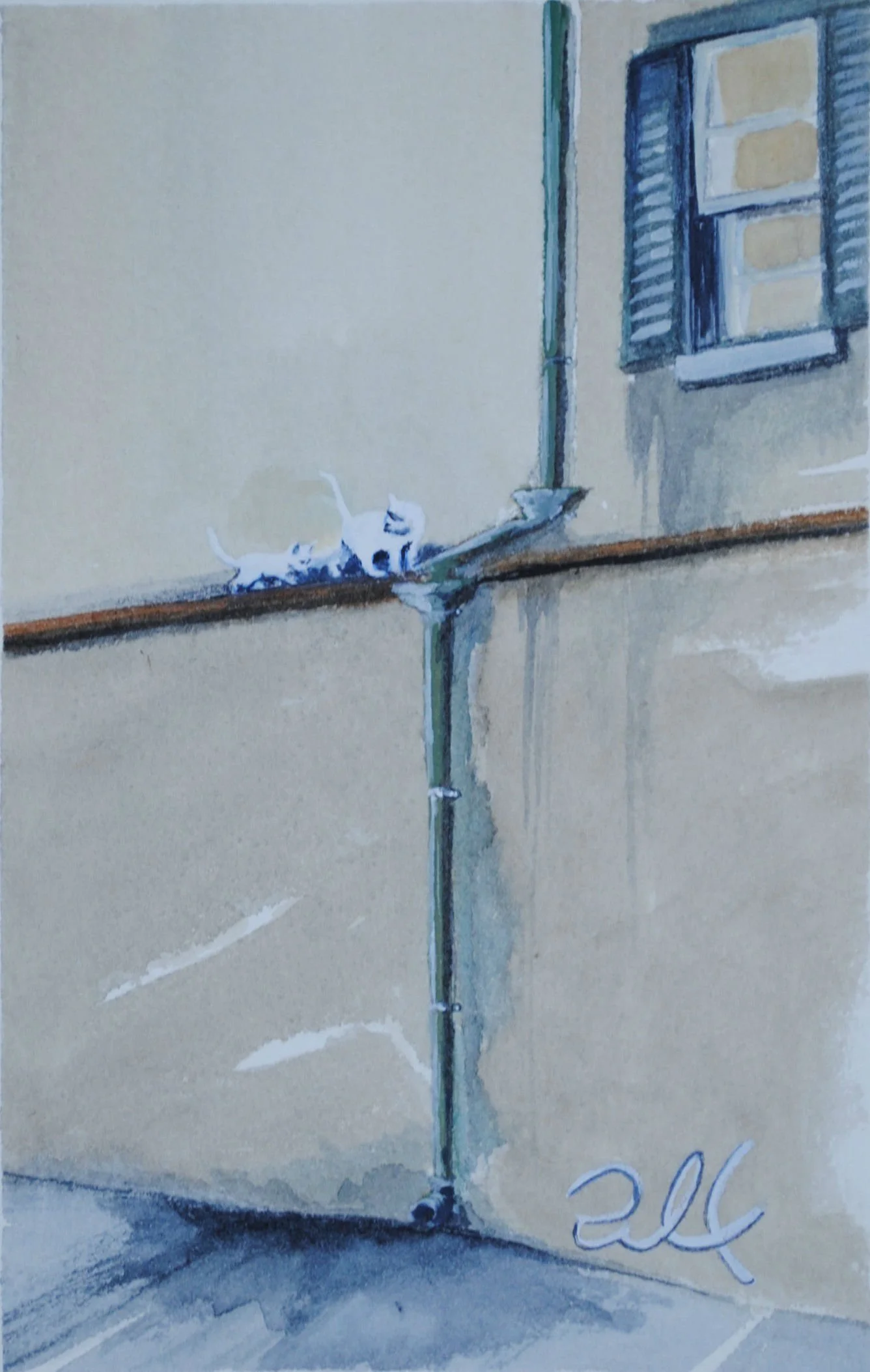 A painting of a beige building wall with an open window with blue shutters and a small white cat sitting on a ledge underneath.