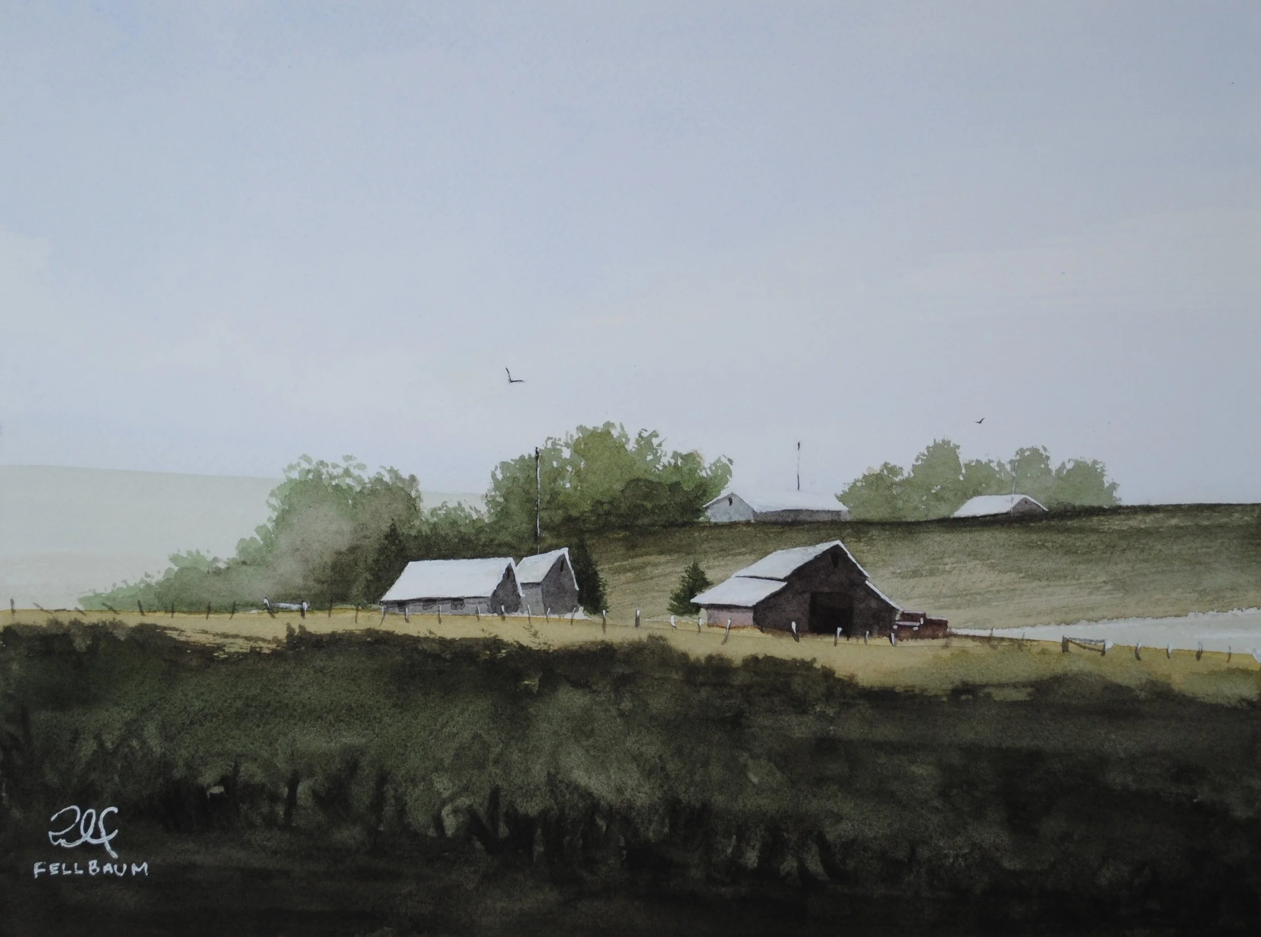 A watercolor painting of a rural landscape with houses, trees, and fencing, under a light, cloudy sky.