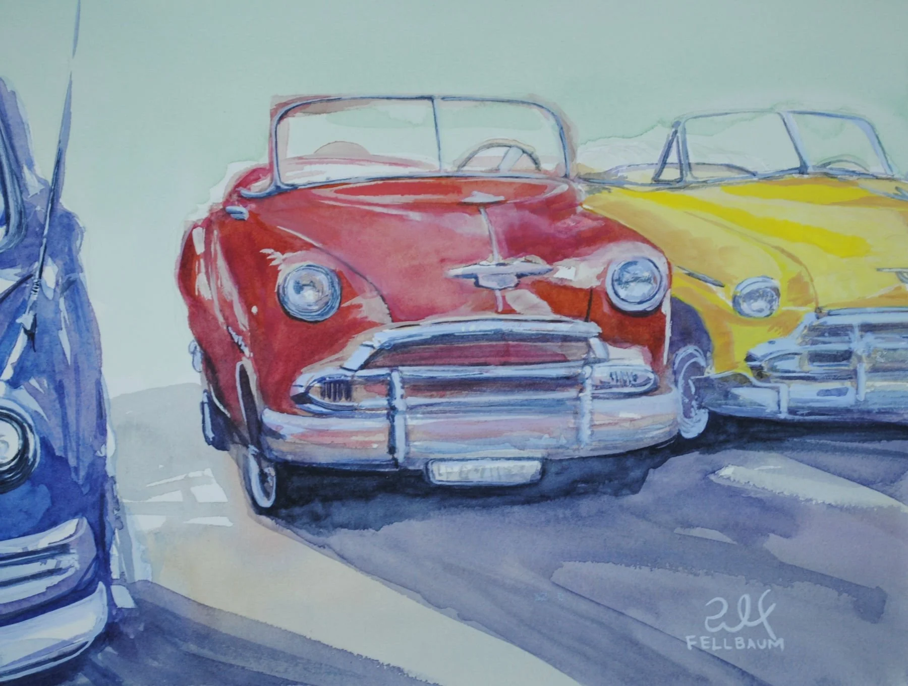 Watercolor painting of vintage cars, primarily a red convertible, parked on a street during daytime. The cars are depicted with loose, expressive brushstrokes, with a focus on the front view of the vehicles. The artist signature 'Felbaum' and the yea