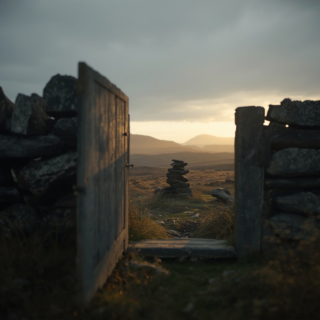 View through a wooden gate of a stone cairn and distant hills at sunset with cloudy sky.