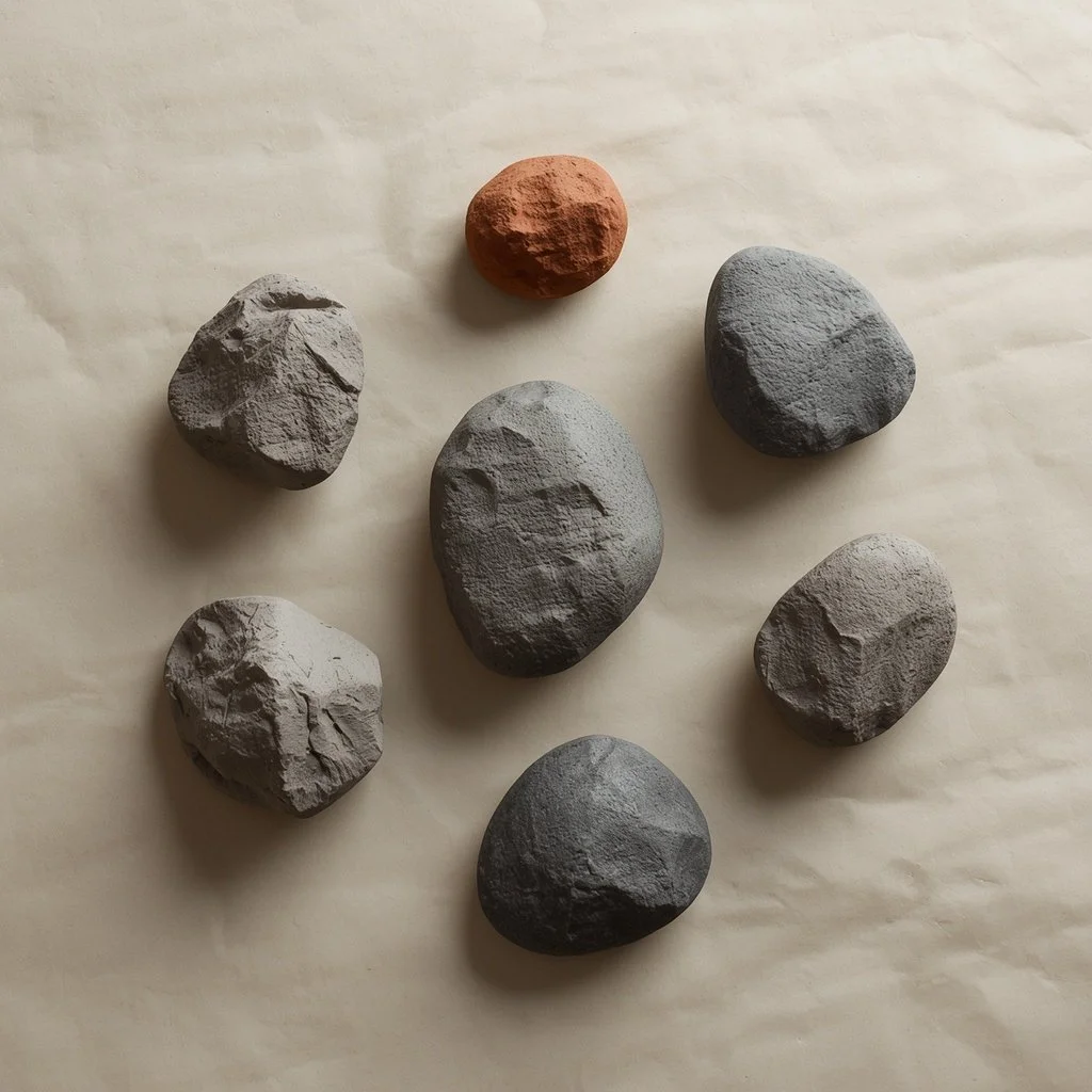 Seven rocks of different sizes and colors on a beige surface.