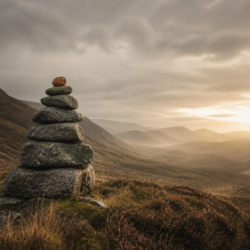 A stack of seven rocks balanced on each other in a mountainous landscape during sunset or sunrise with cloudy skies.