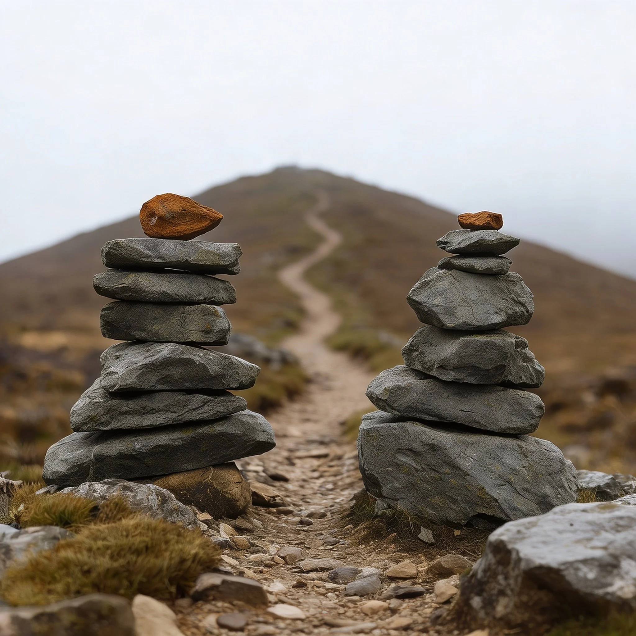 A mountain trail with two architectural stone cairns in the foreground and a winding path leading up the hill in the background, overcast sky.