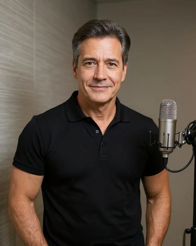 A middle-aged man with dark hair and a slight smile, wearing a black polo shirt, standing in front of a microphone in a recording studio.