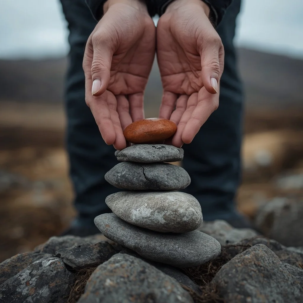 Person stacking five rocks in a vertical line outdoors, with the top rock being a reddish-brown color and the others gray, on a natural background.