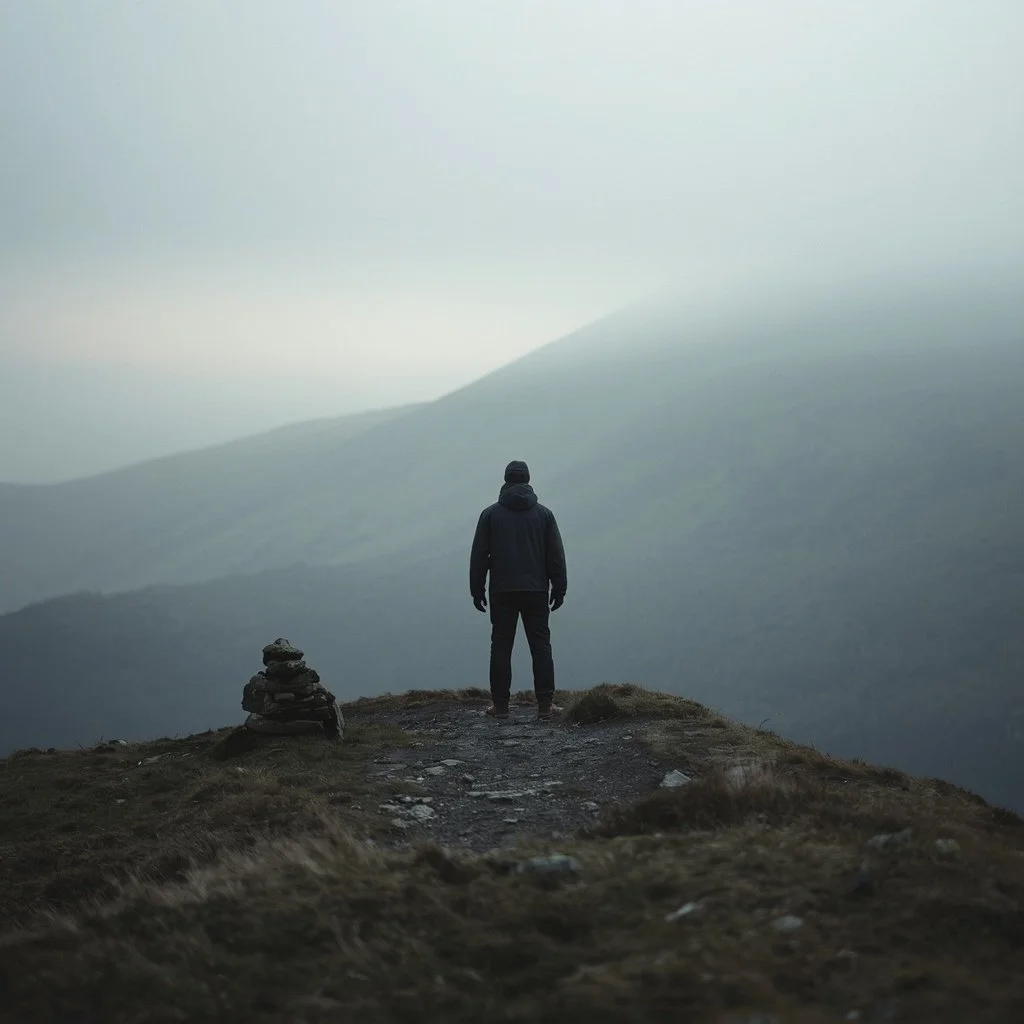 Person standing on a mountain trail looking at foggy mountainous landscape, with a small pile of stones on the ground nearby.