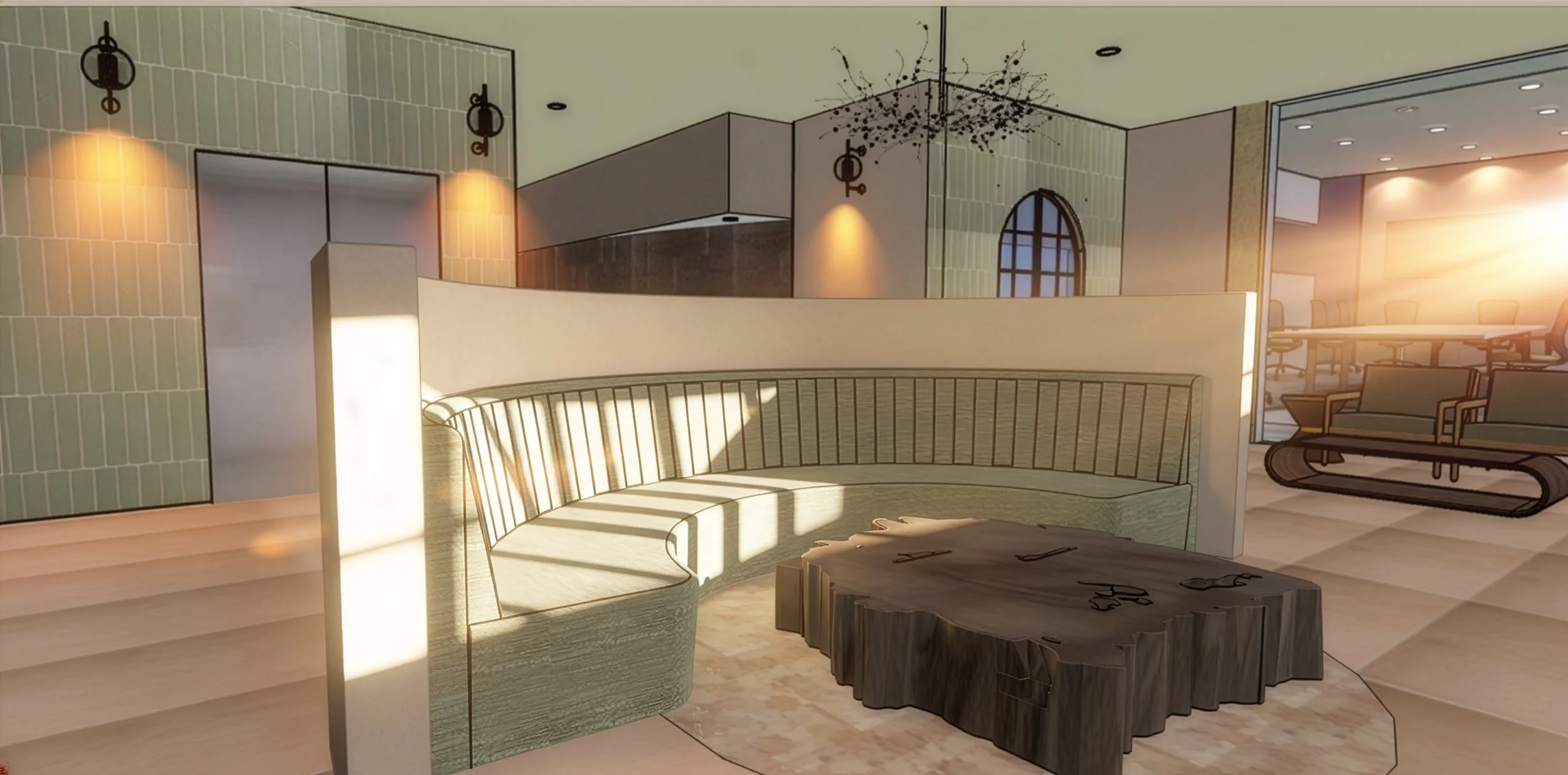Modern interior space featuring a curved green sofa, wooden coffee table, and a separate seating area with armchairs. Sunlight streams through windows, creating warm lighting and reflections on the walls and floor.