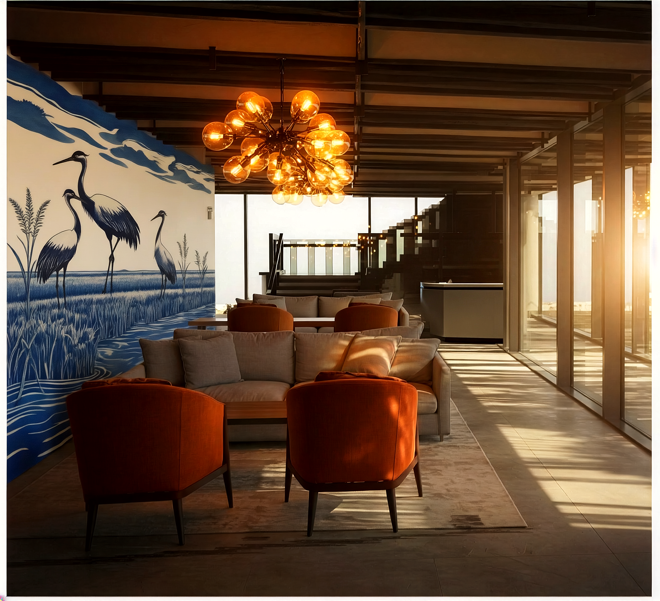 Interior of a modern building with a chandelier of multiple warm-glow bulbs, a mural of cranes near water, and large windows casting sunlight on the wooden floor.