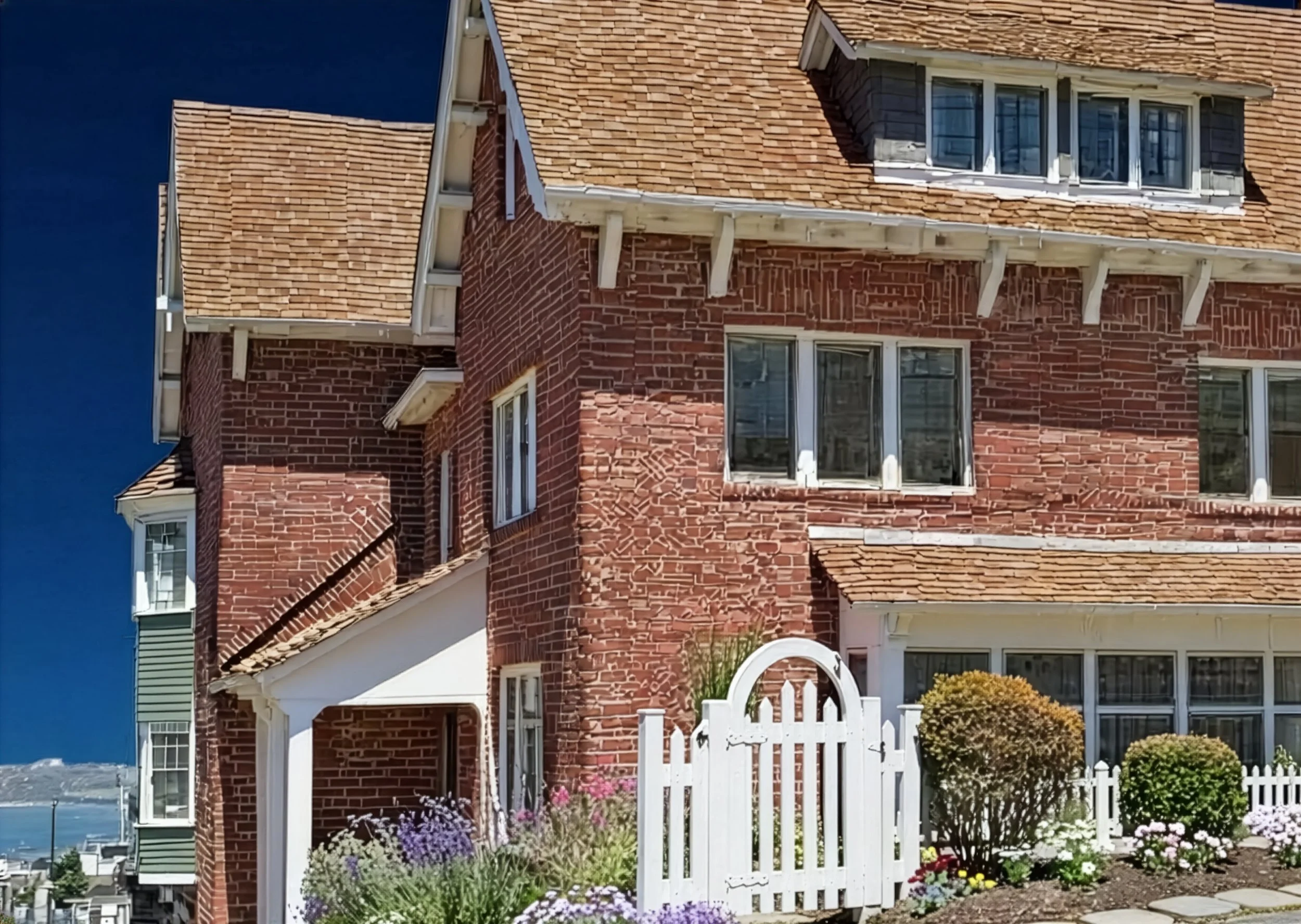 A brick house with a red shingle roof, white window frames, a white picket fence, and a garden with colorful flowers under a clear blue sky.