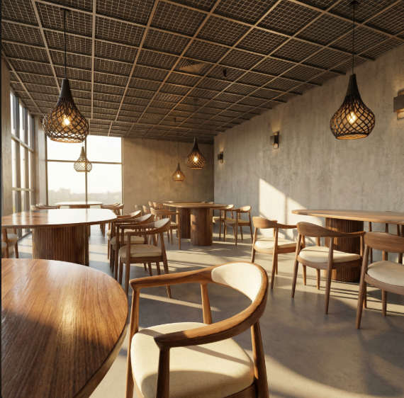 Interior of a modern, stylish restaurant or cafe with wooden tables and chairs, pendant lights, large windows, and neutral wall colors, illuminated by natural sunlight.