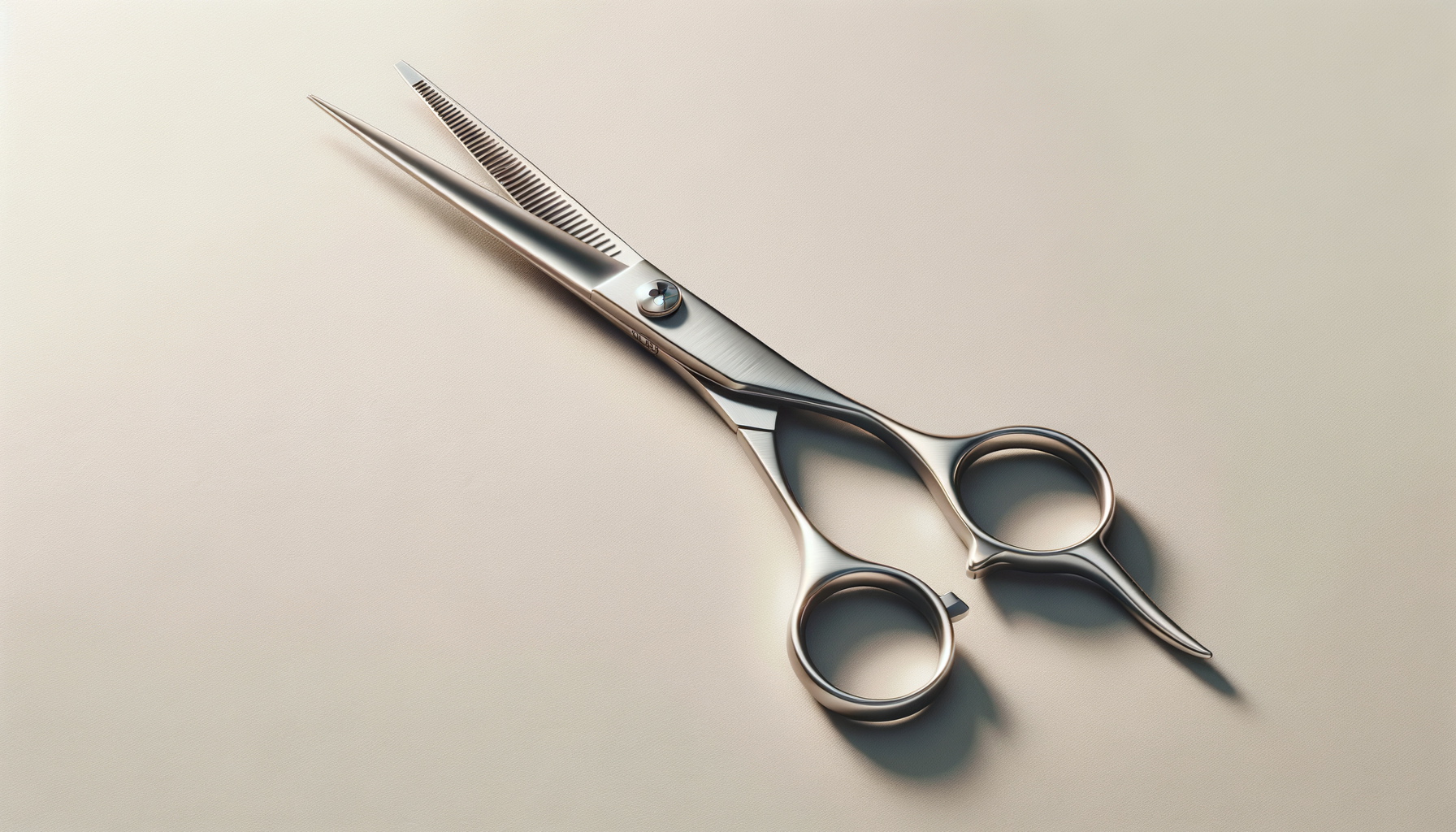 A pair of professional hair cutting scissors with a sleek, metallic finish, lying on a light-colored surface.