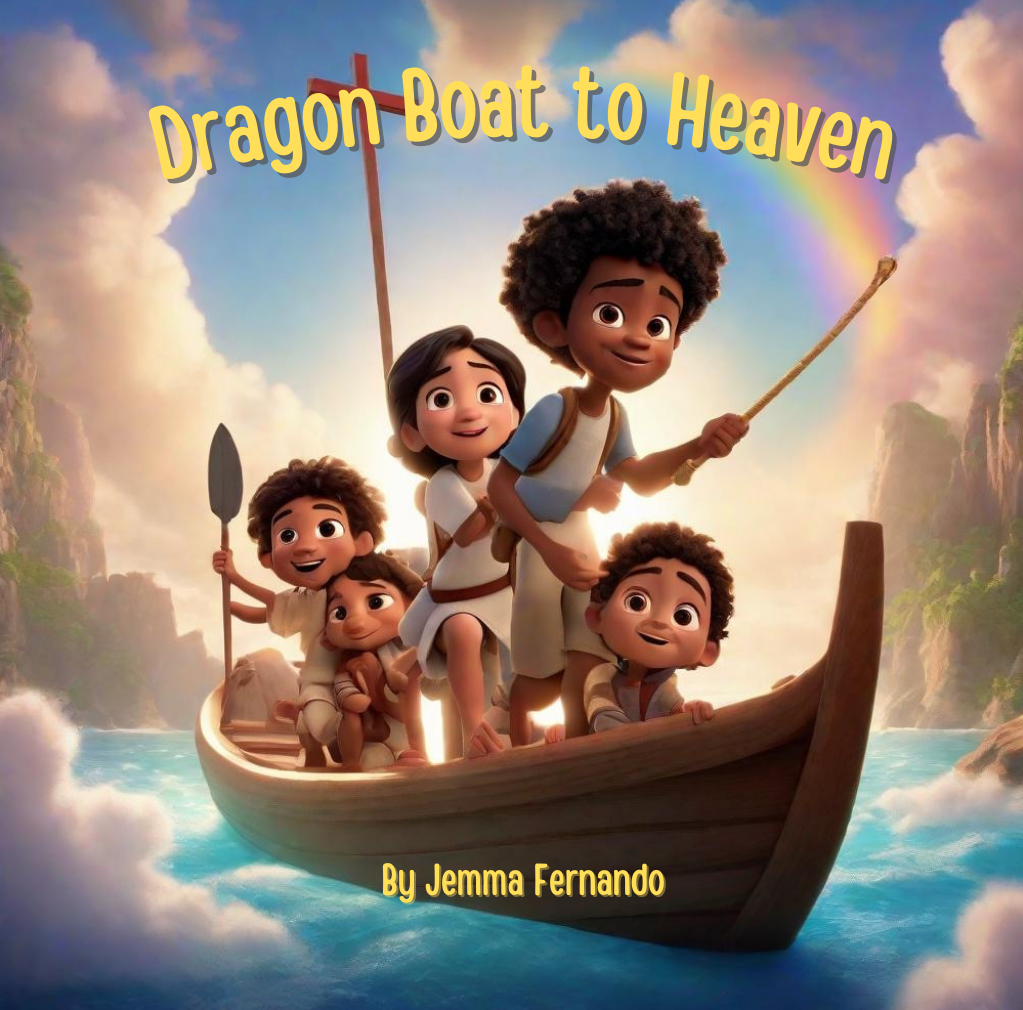 Animated image of five children on a wooden boat, with the title "Dragon Boat to Heaven" and the author's name "Jemma Fernando" displayed. The background features clouds, a rainbow, and mountains.