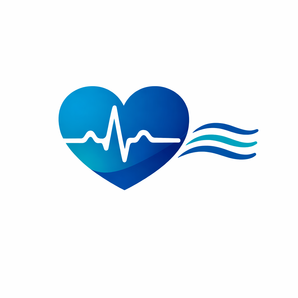 A blue heart with white an electrocardiogram line through it and three blue wavy lines on the right side.