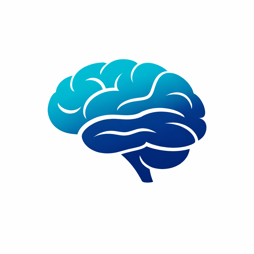Digital illustration of a human brain in shades of blue on a white background.