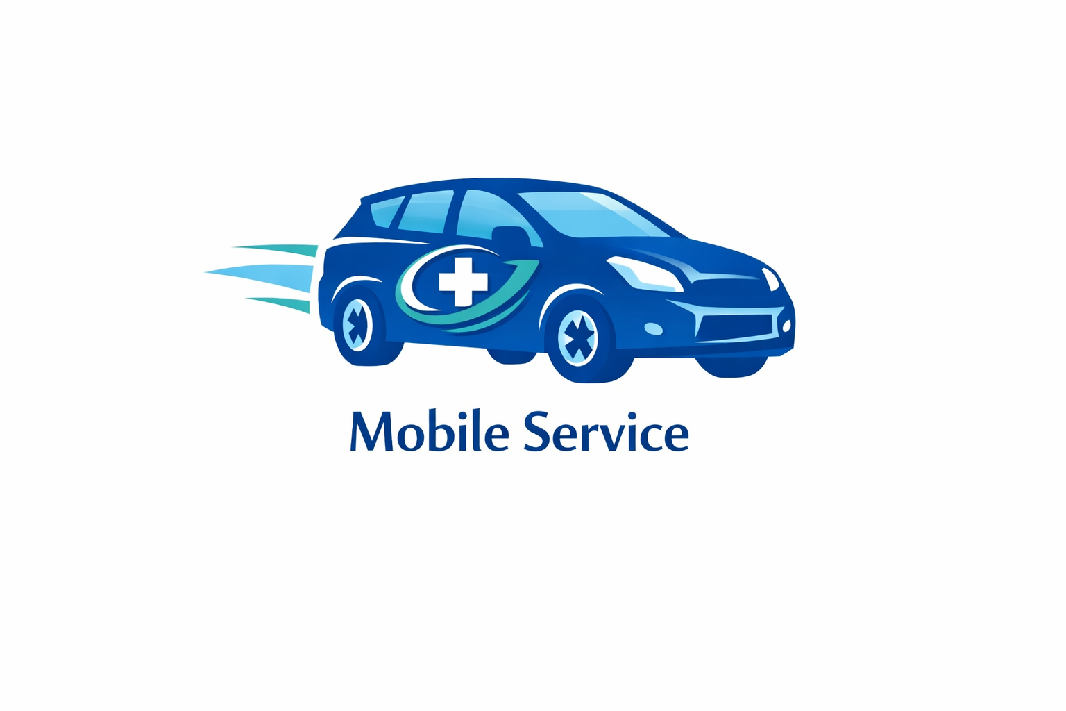 Blue car with a healthcare emblem and the words "Mobile Service" below it.