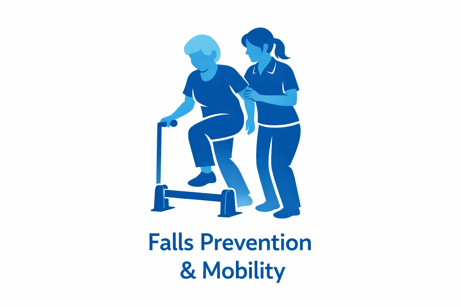 Illustration of a person practicing fall prevention with assistance from a caregiver, highlighting mobility and fall prevention.