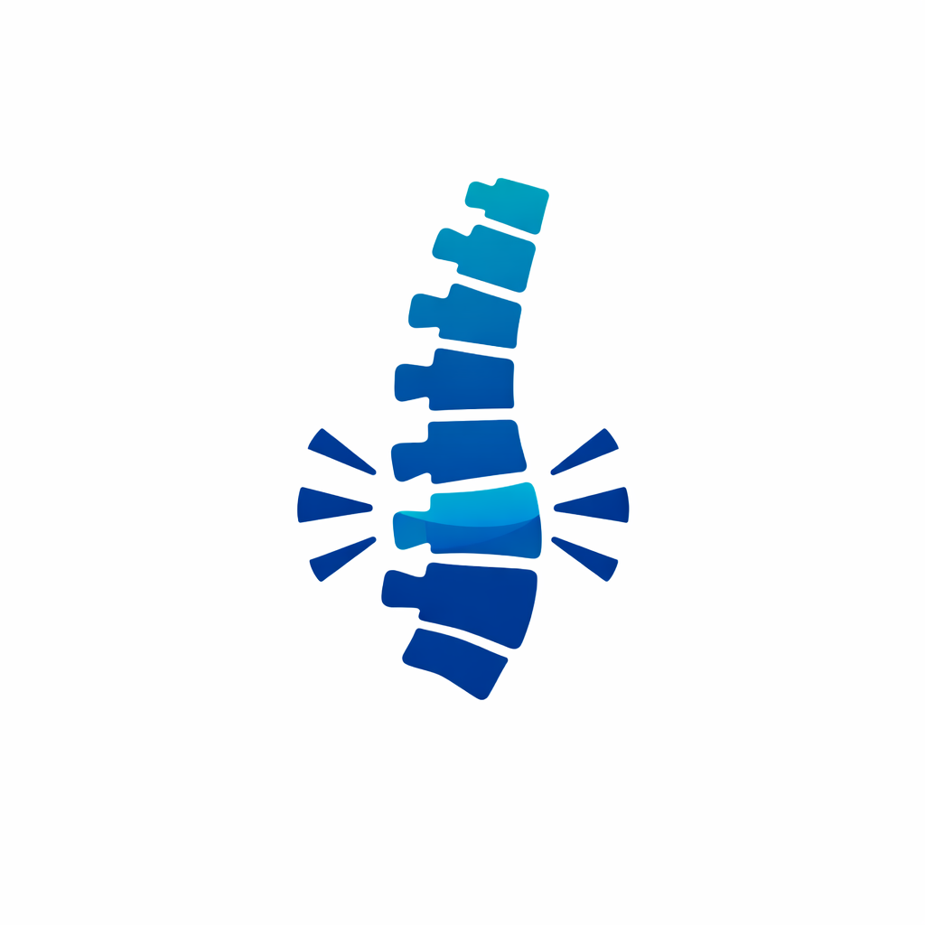 Stylized blue graphic of a human spine with radiating lines on each side.