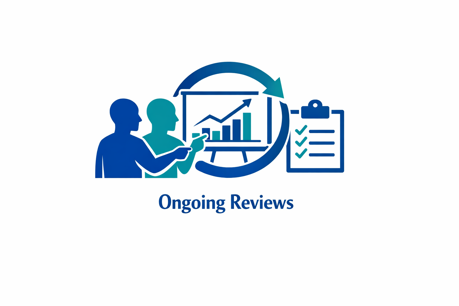 Illustration of two people analyzing a presentation board with ascending bar chart and line graph, surrounded by a circular arrow, with a clipboard checklist beside it, and the words 'Ongoing Reviews' below.