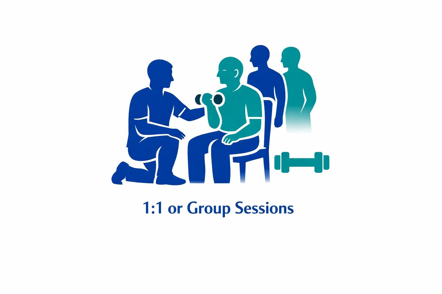 An illustration of a personal trainer assisting a client with a dumbbell during a one-on-one or group fitness session, with a group of people in the background and a dumbbell on the floor, captioned '1:1 or Group Sessions'.