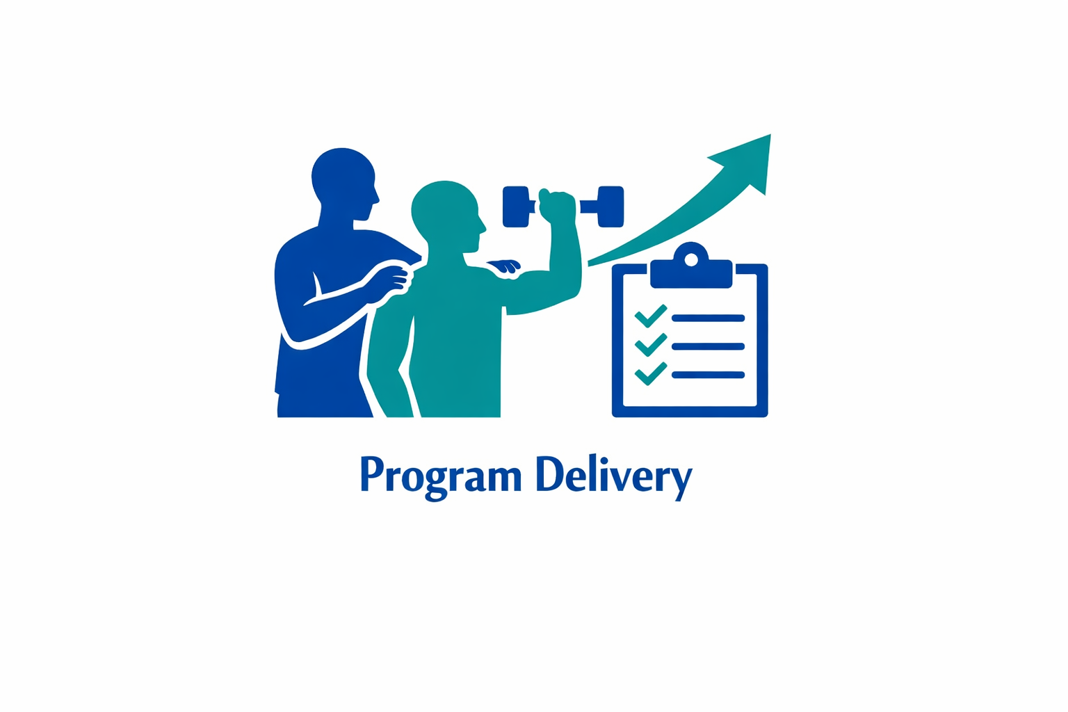 A graphic showing a trainer supporting a person lifting dumbbells, with a clipboard and an upward arrow, representing program delivery in fitness or health.