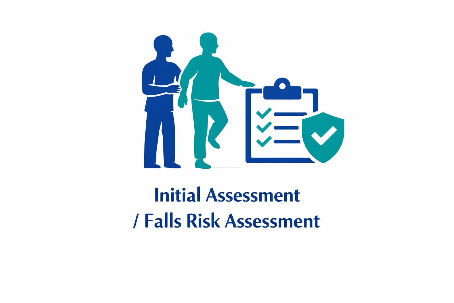 Illustration of two people, one assisting another with a health assessment next to a checklist and shield icon, with the text 'Initial Assessment / Falls Risk Assessment'.