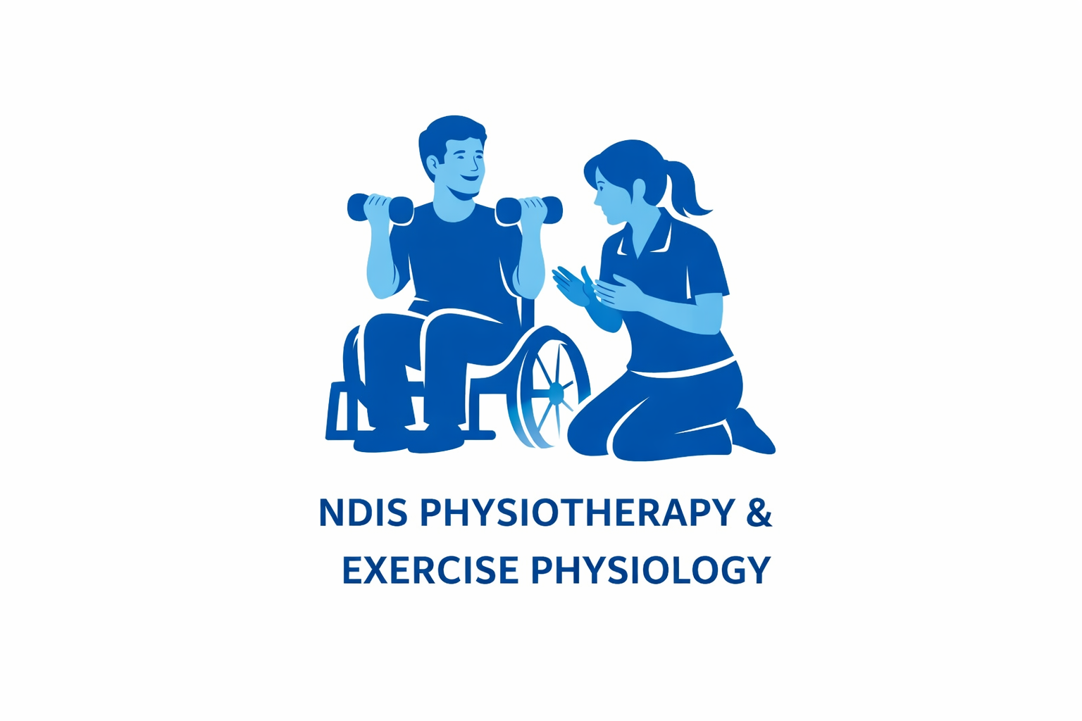 Illustration of a man in a wheelchair lifting weights with a woman kneeling beside him, guiding or encouraging him, with the text 'NDIS Physiotherapy & Exercise Physiology' below.