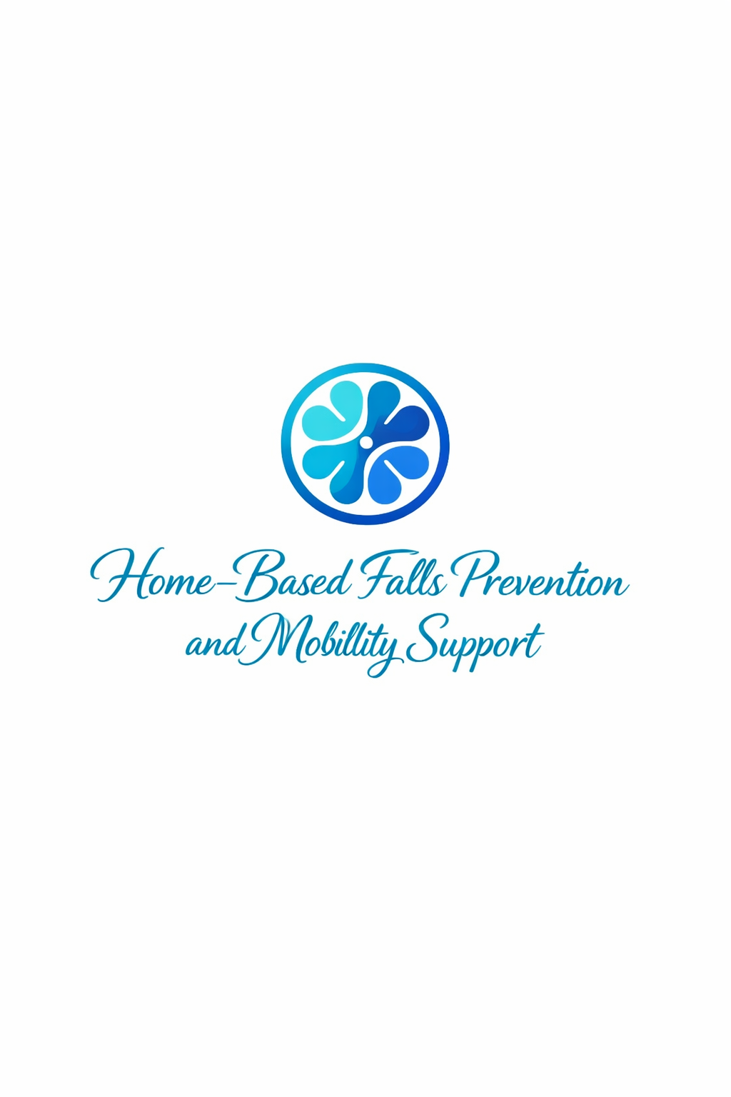 Logo featuring a blue circular design with petal shapes and text that reads 'Home-Based Falls Prevention and Mobility Support' in cursive font.