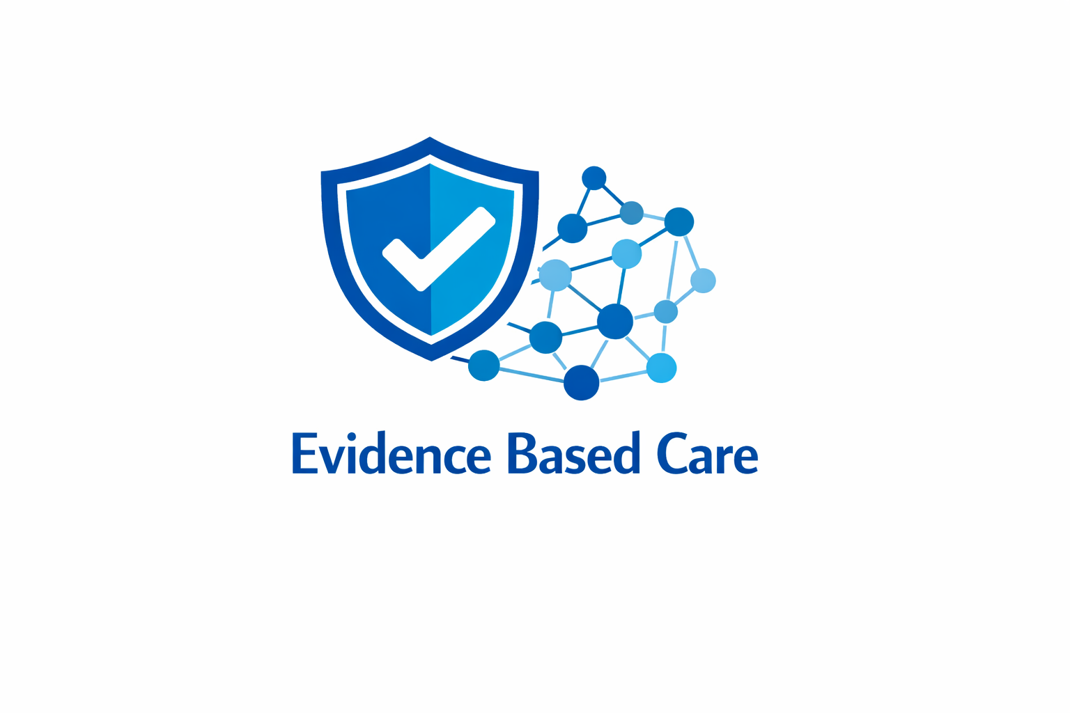 A shield with a checkmark next to a network of interconnected nodes, symbolizing security and evidence-based care. The text below reads 'Evidence Based Care' in blue.