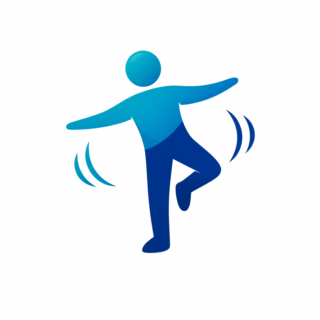 Graphic of a person dancing or balancing on one leg with arms outstretched, rendered in shades of blue.