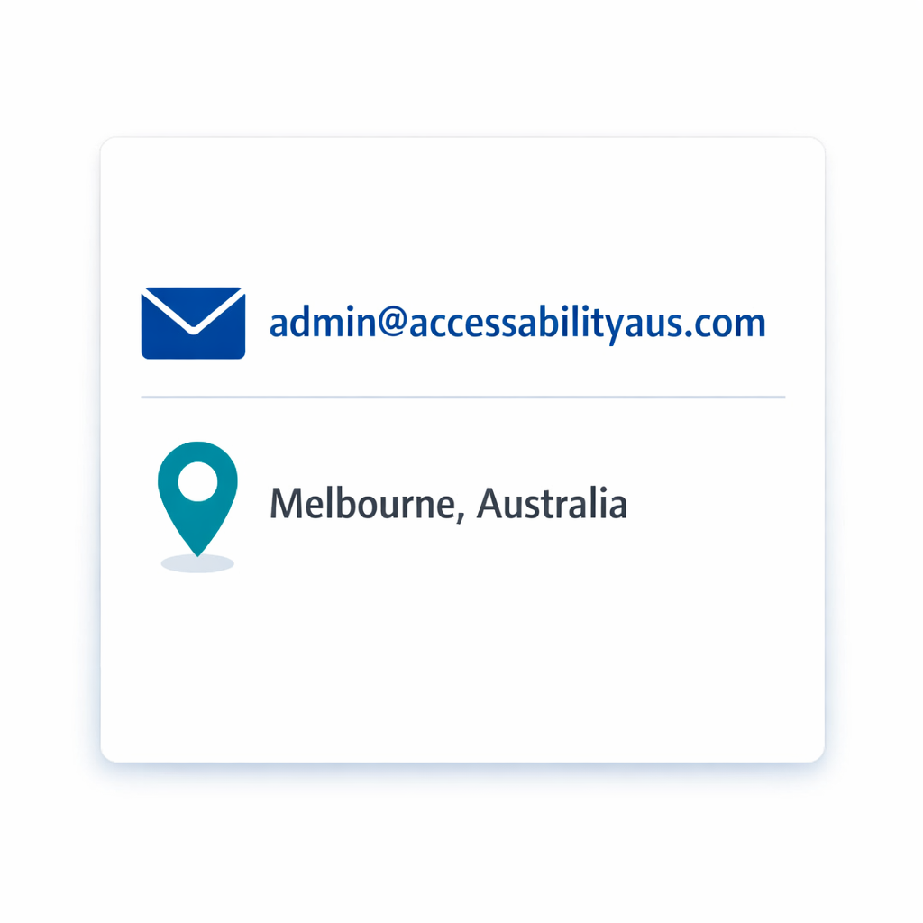 Contact information card with email 'admin@accessabilityaus.com' and location 'Melbourne, Australia'