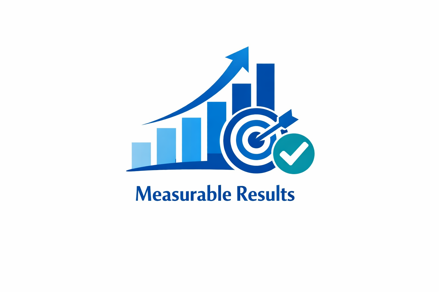 A graphic with upward trending bar chart, target with arrow, check mark, and the text 'Measurable Results'.