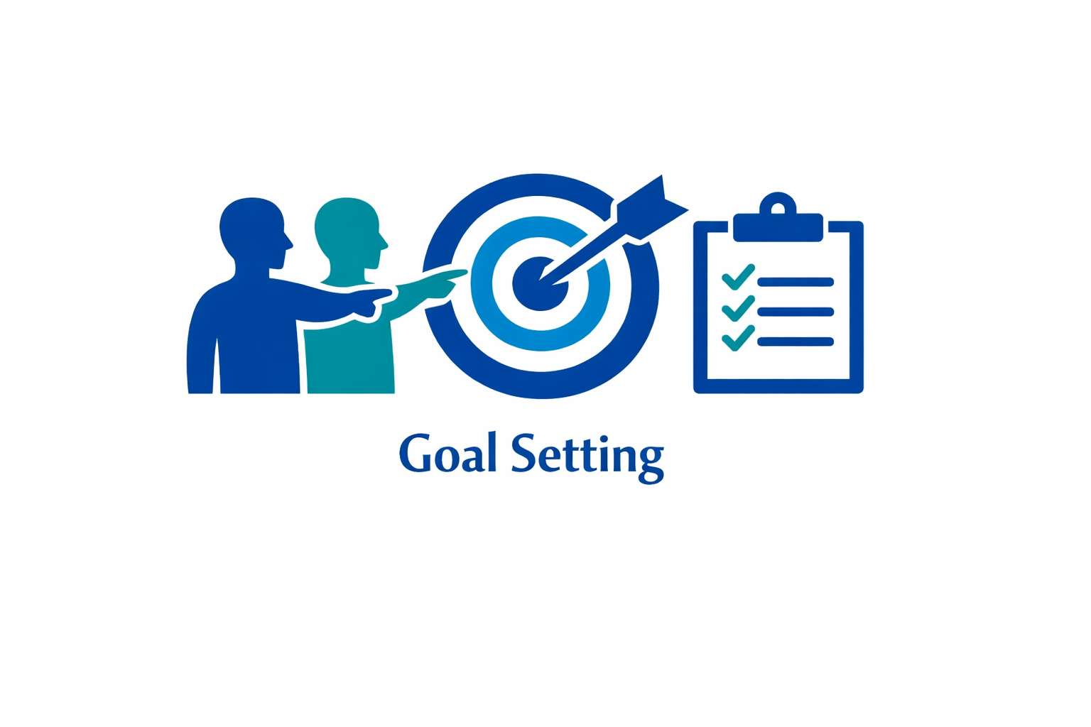 Two silhouettes of people pointing at a target with a bullseye, next to a clipboard with check marks, symbolizing goal setting.