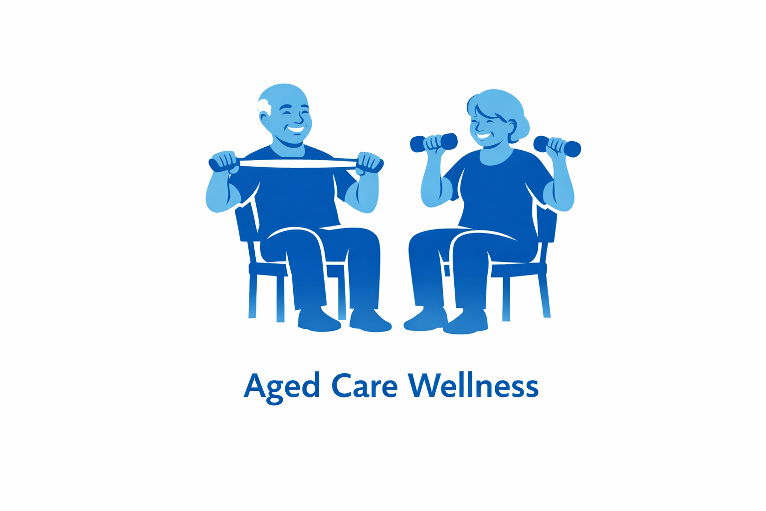 Illustration of two elderly individuals sitting on chairs, lifting small dumbbells, smiling, with the text 'Aged Care Wellness' below them.