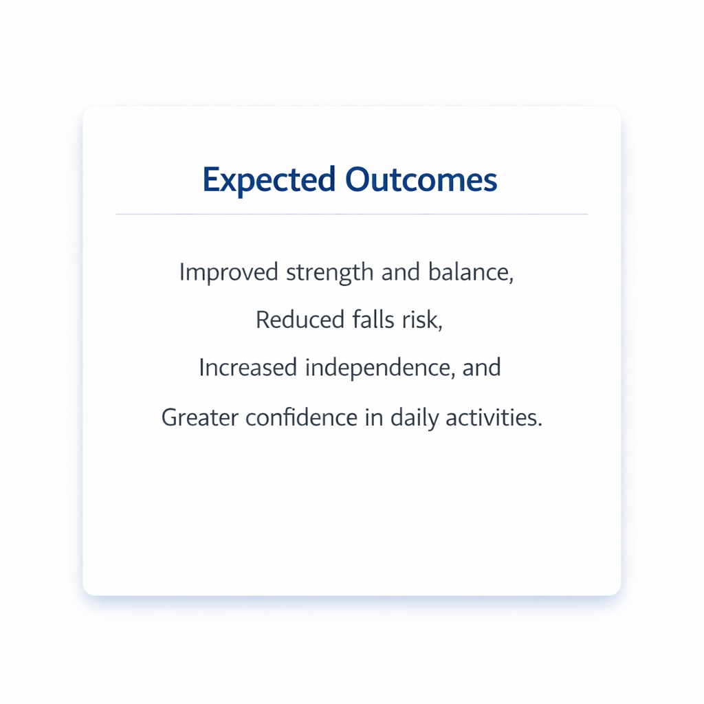 A presentation slide titled 'Expected Outcomes' listing benefits such as improved strength and balance, reduced falls risk, increased independence, and greater confidence in daily activities.