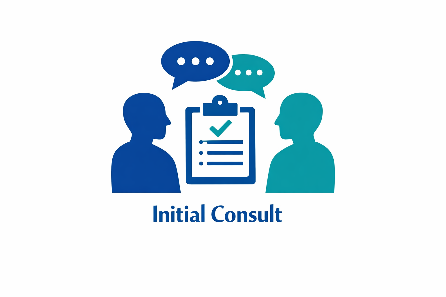 Graphic of two people facing each other, with a clipboard and checkmark in the center, and speech bubbles above, labeled 'Initial Consult'.